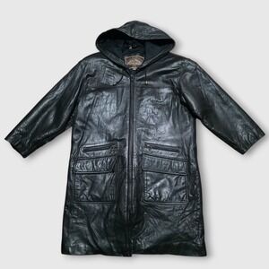 Men's Colebrook Black Leather Trench Coat Long Jacket Heavy Hooded Size Large